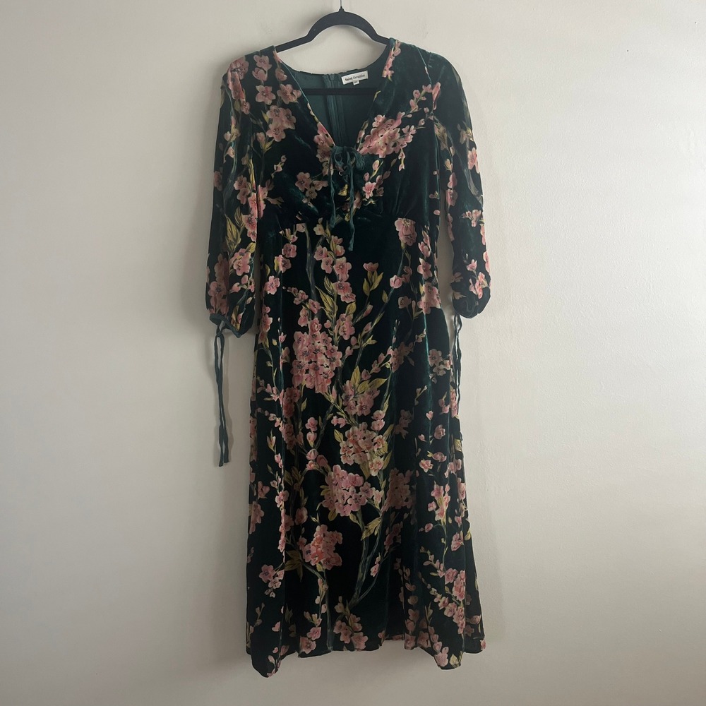Saint Geraldine Green Velvet Floral Midi Dress Blossom Print Size S